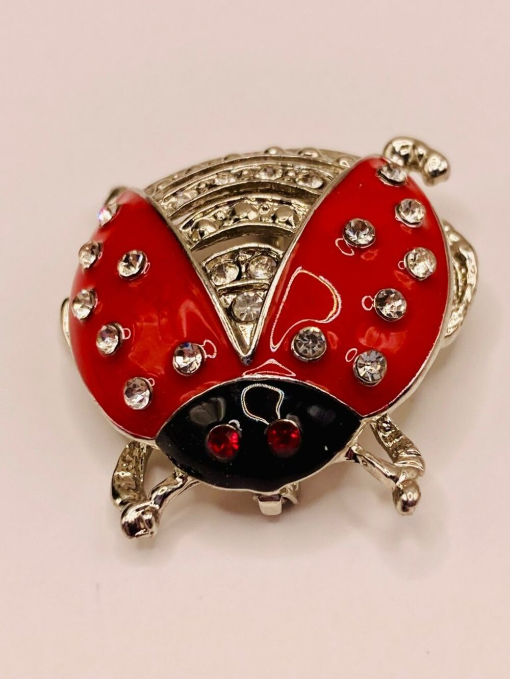Ladybug Brooch Red Enamel & Rhinestones  Silver-Tone -12B